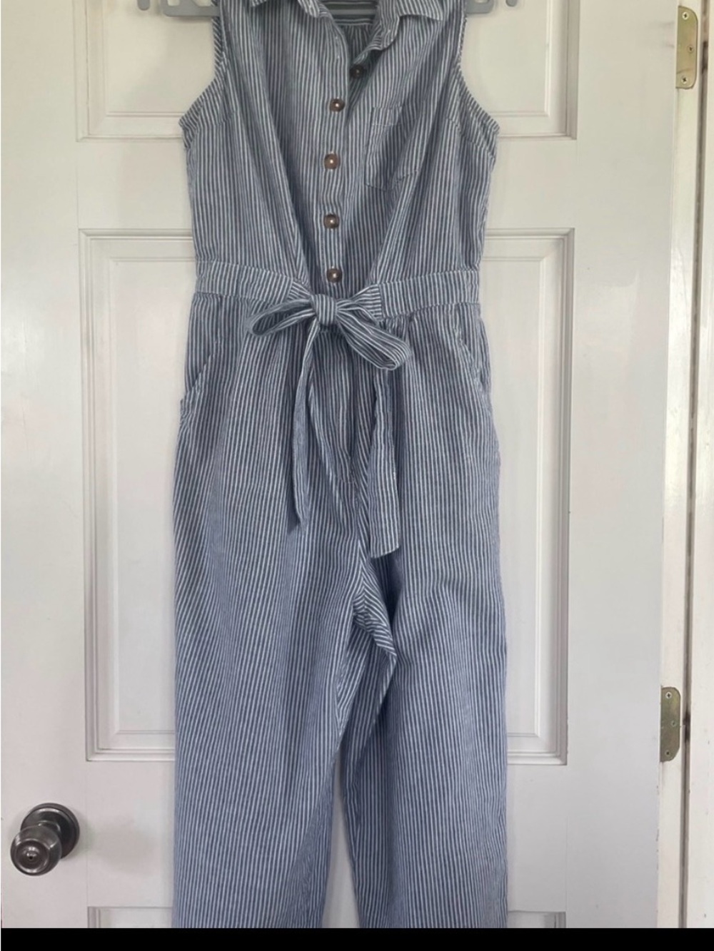 Japna Blue and White Striped Sleeveless Tie-Waist Jumpsuit